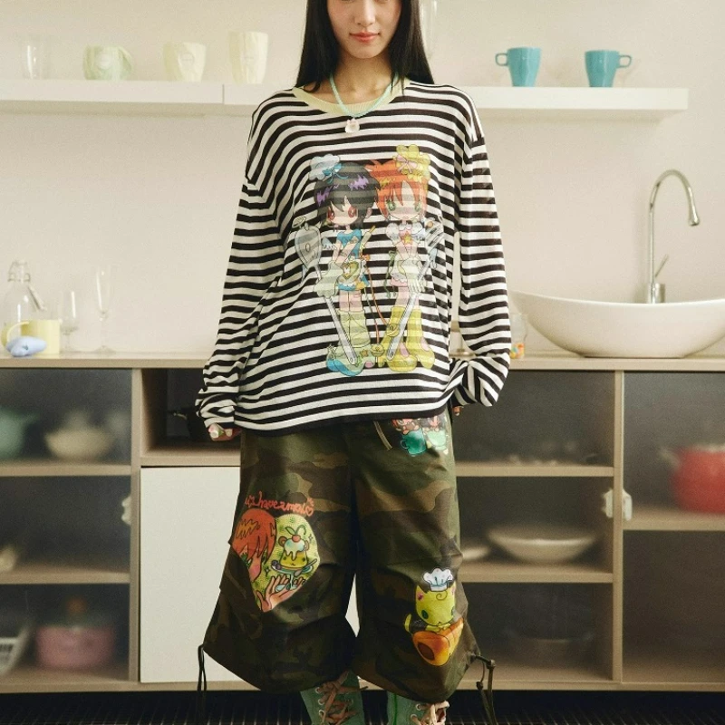 Summer Original Design New Women's Trousers Sweet Cool Cartoon Printing Camouflage Overalls Loose Thin Versatile Capris Ladies