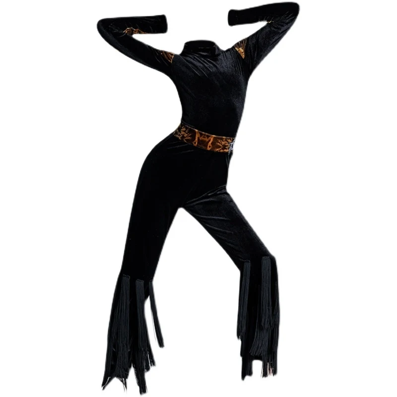 Vêtements de danse latine d'hiver pour enfants, hauts en velours noir pour filles, pantalons à glands, costume Cha Cha, vêtements d'entraînement de danse