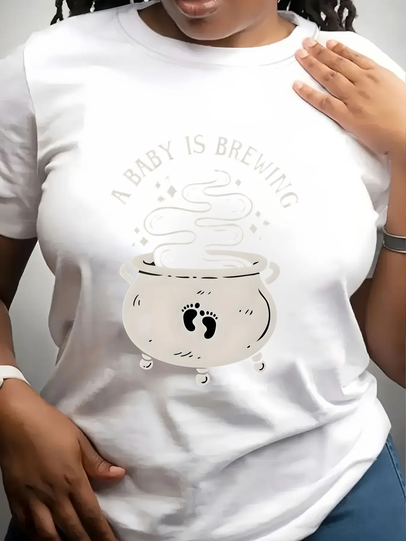 Women's Trendy Crew Neck T-Shirt Baby Is Brewing Cauldron Print Suitable for Casual Sportswear