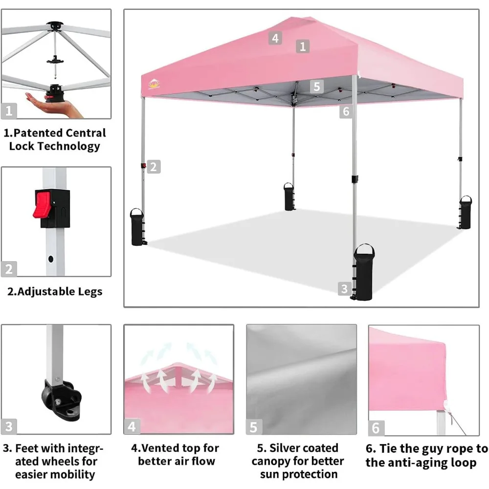 خيمة بمظلة مقاس 10 × 10 سريعة الإعداد - مأوى شمسي خارجي للمناسبات والحفلات والتخييم - ظل شاطئ سهل - شرفة متينة مع دفع U