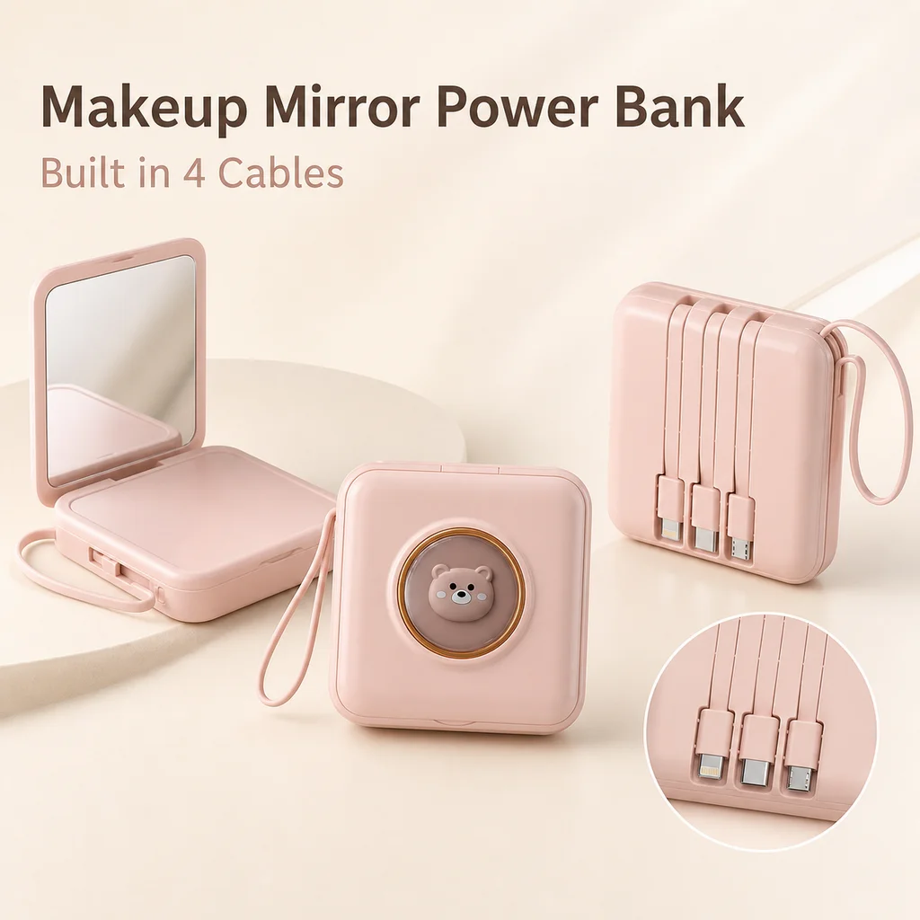 Mini Power Bank 20000mAh Portable Charger with Built-in 4 Cables Makeup Mirror Cute Pet Cartoon External Battery