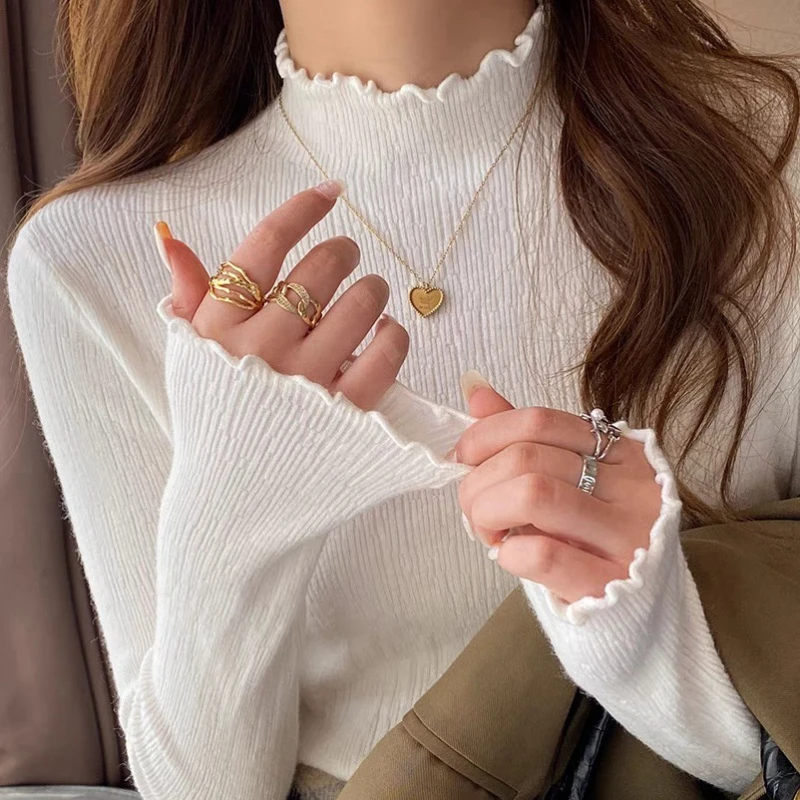 

Водолазка с рюшами, женский свитер, высокоэластичный однотонный осенне-зимний модный свитер 2025, женский тонкий вязаный низ, пуловеры