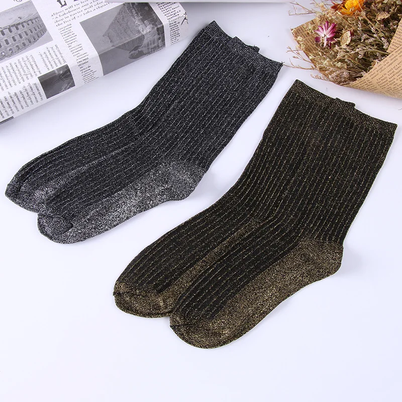 Filigree Socks For Women Harajuku Black Gold Silver Silk Loose Socks Thin Shiny Socks Female Lingerie Streetwear Glitter Socks