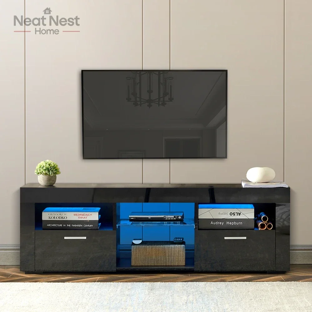 

Black morden TV Stand with LED Lights,high glossy front TV Cabinet,can be assembled in Lounge Room, Living Room.Modern furniture
