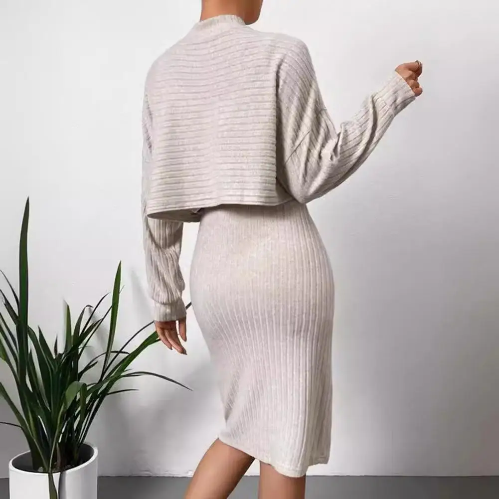 2 Pcs/Set Women Outfit Sweater Top Dress Suit Mock Collar Thread Long Sleeve Blouse Sheath Slim Knitted Dress Set