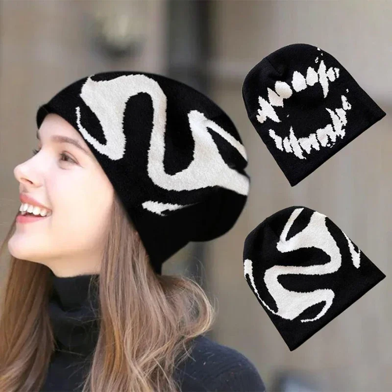 American Y2K Pullover Beanie Hats Women Funny Knitted Goth Tooth Caps Men Streetwear Winter Kpop Harajuku Warm Cold Hat Unisex