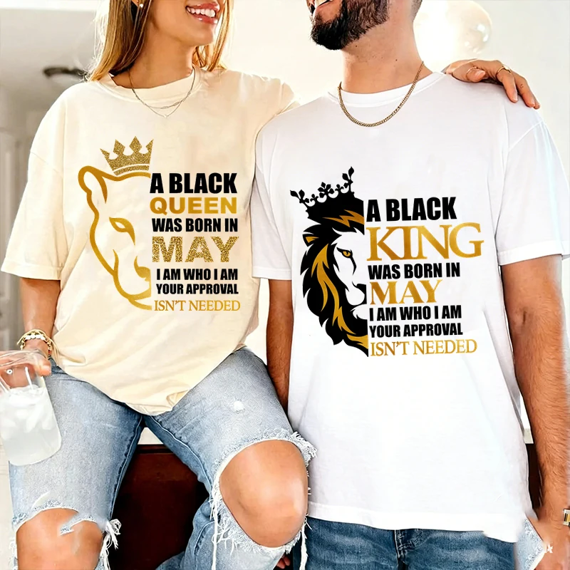Футболки с принтом «Черный король/королева родились в мае» для пар, забавные парные футболки с коротким рукавом для мужчин и женщин, подарок на годовщину.