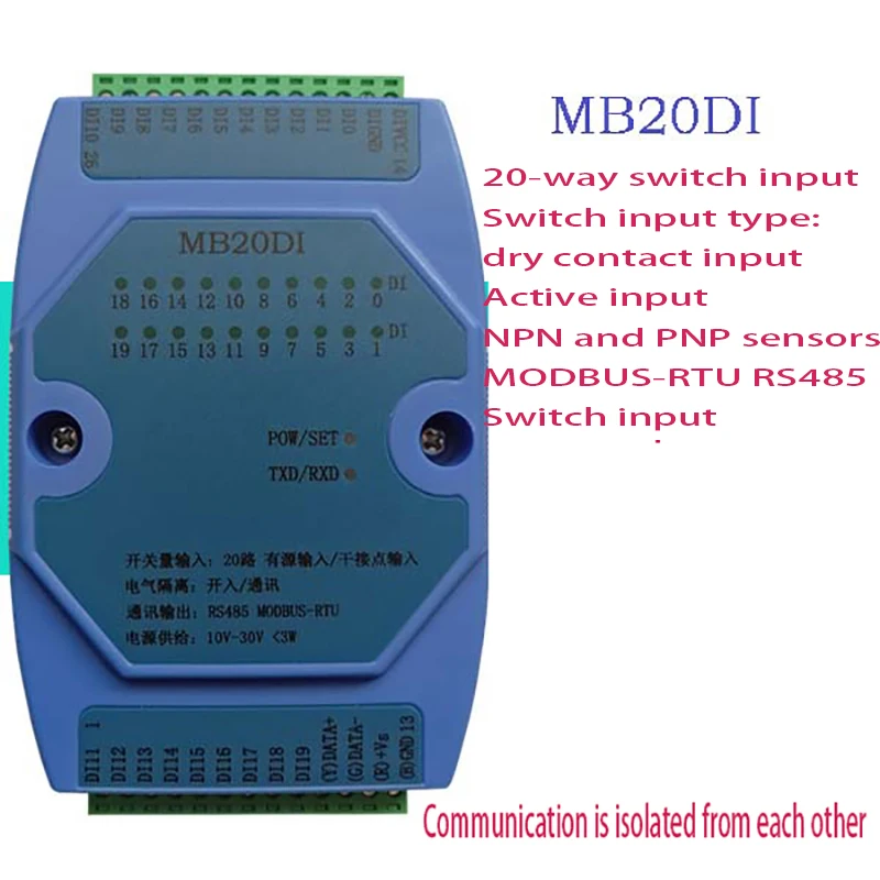 

Коммутационный вход, 11-канальный 20-канальный открытый изоляционный модуль сбора данных RS485 MODBUS RTU связи MB20DI