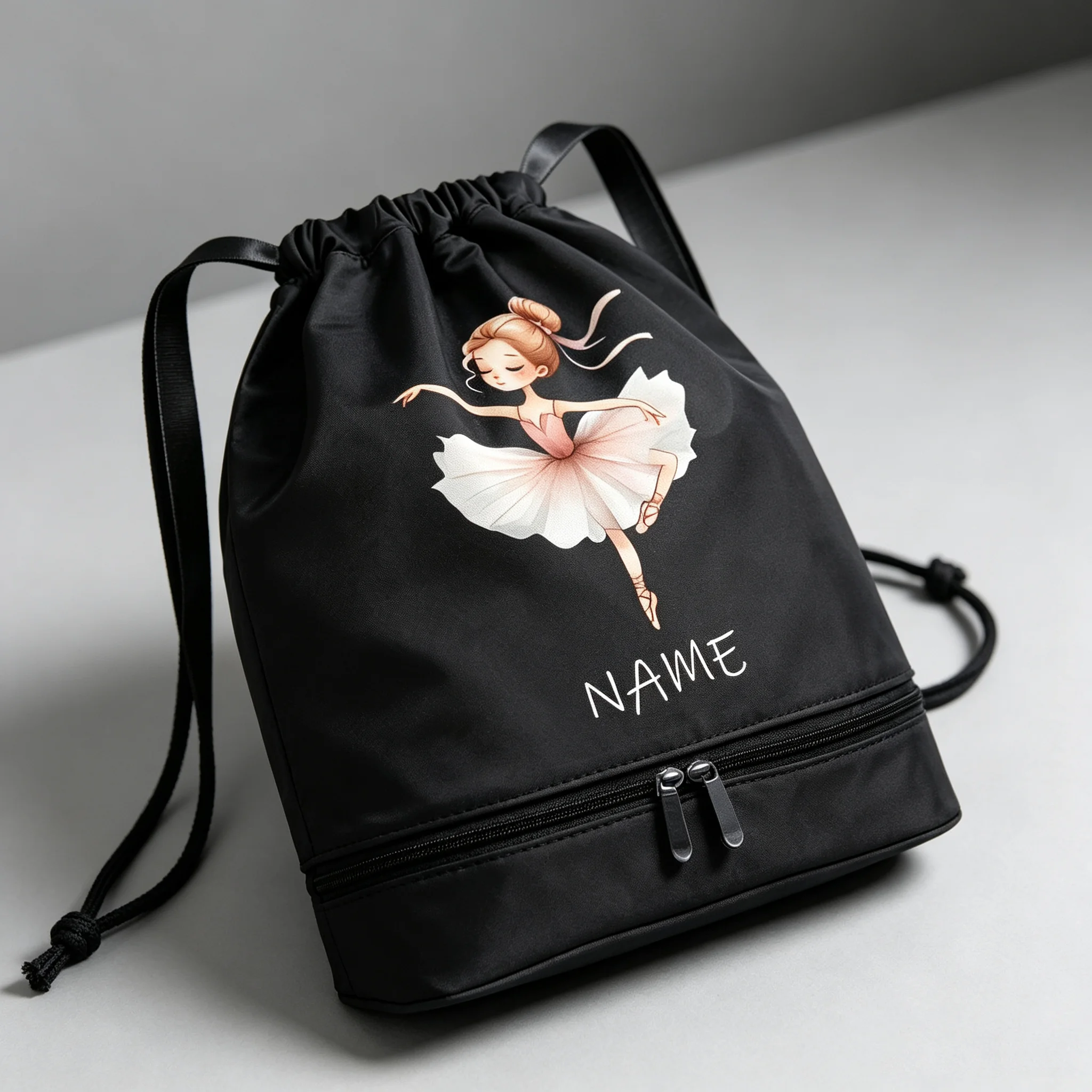 Customizable with a name, this women's backpack is perfect for sports, fitness, and dance. It features a cute cartoon ballet des