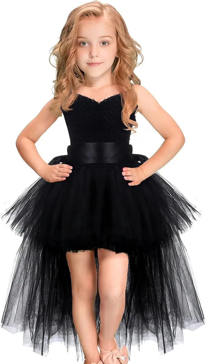 

Snvdzo Flower Girls Tutu with Train Handmade V-Neck Tulle Dress For Wedding Birthday Evening Party Prom Banquet Princess Gown