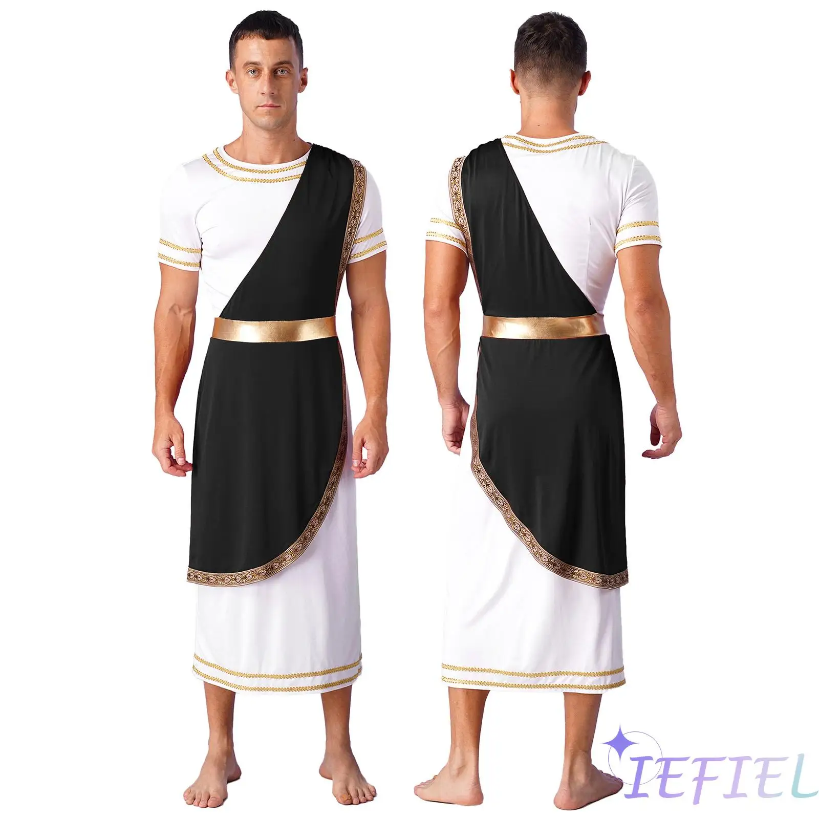 

Mens Grecian Toga Costumes Adult Halloween Grecian Greek God Cosplay Fancy Dress Up Short Sleeve Metallic Robe Prince Outfit