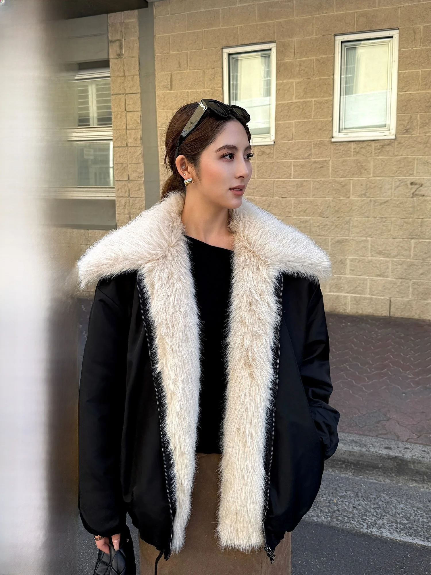 

NEVA HU Women's Fur Collar Parka Coat Military een Loose Warm Cotton Autumn Winter Outerwear Long Sve Regular Length