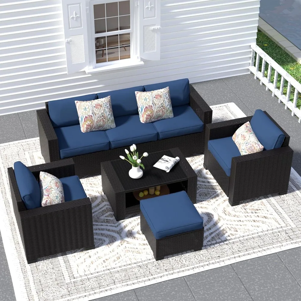 7-teiliges Terrassenmöbel-Set, Sofagarnitur aus Korbgeflecht für den Außenbereich mit waschbaren Kissenbezügen und Tisch aus gehärtetem Glas, Rattan-Konverter
