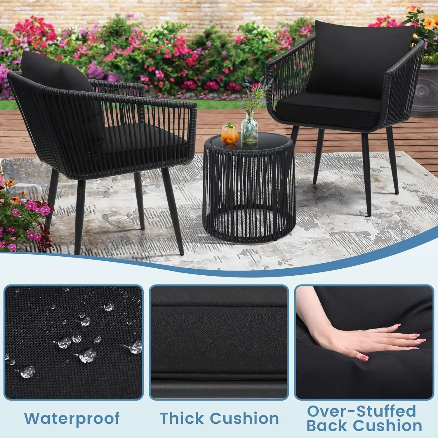 Juego de conversación de bistró de ratán para Patio de 3 piezas, muebles de mimbre para todo tipo de clima, sillas y mesa auxiliar Ideal, negro