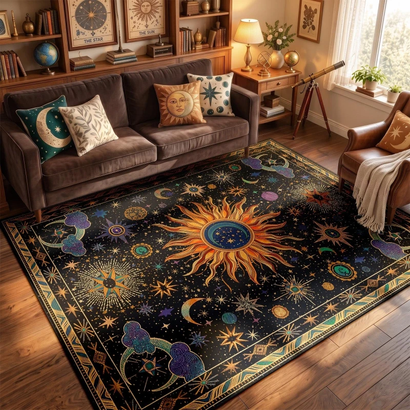 Shining Sun Stars Galaxy Living Room Carpet Large Area Sofa Rugoldable Machine Washable Bedroom Bedside Non-slip Soft Floor Mat