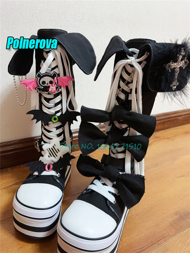 Women Round Toe Chunky Platform Canvas Long Boots Gothic Style Chain Bow Thick Soled Lace Up Knee High Boots Sweet Girl Shoes