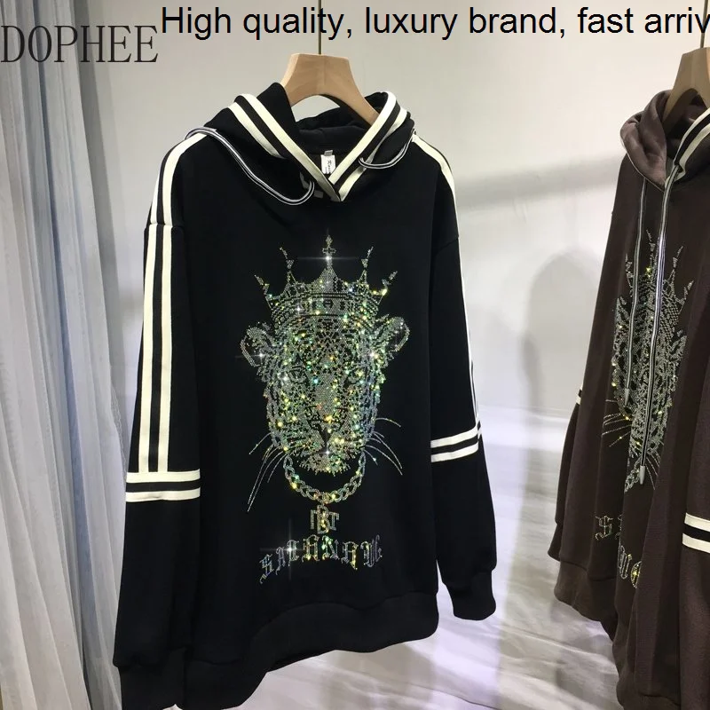 

Tiger Blingbling Domineering Hot Drilling Women Sweatshirt Loose Long Sleeve Hooded Top Outside Wear Autumn Winter Black Hoodie