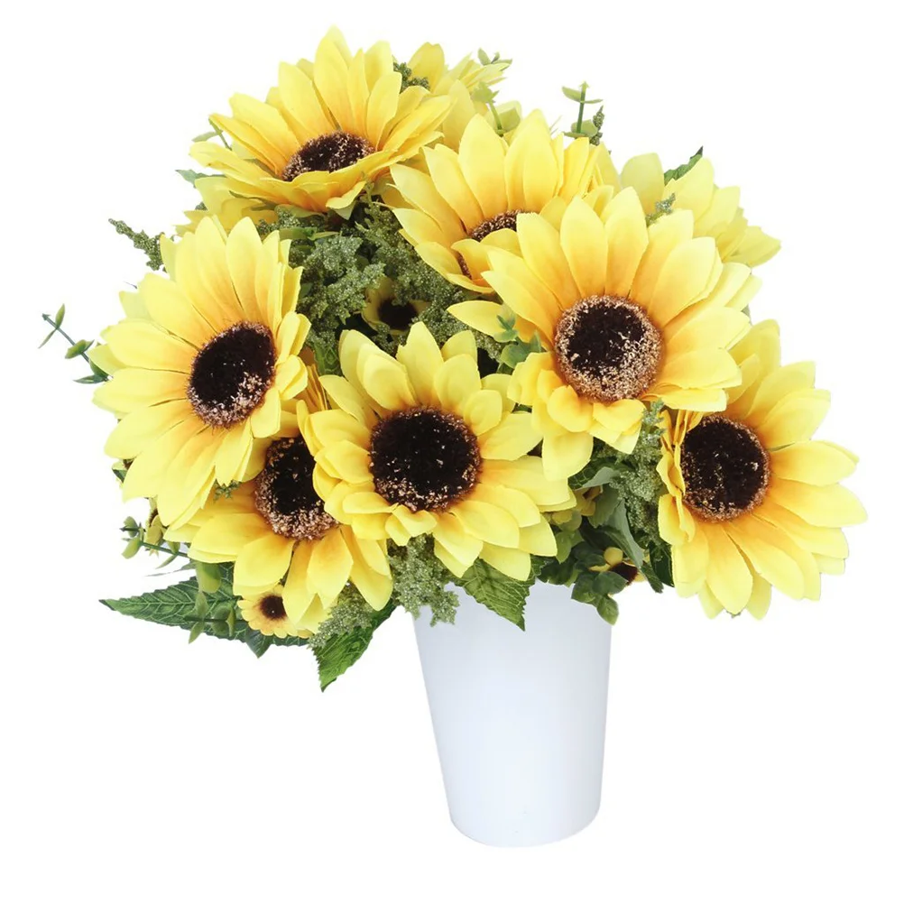 

Simulation Sunflower Yellow Green Silk Artificial Flowers 22 Flowers 14 Leaves Wedding Decoration Home Table Banquet Office