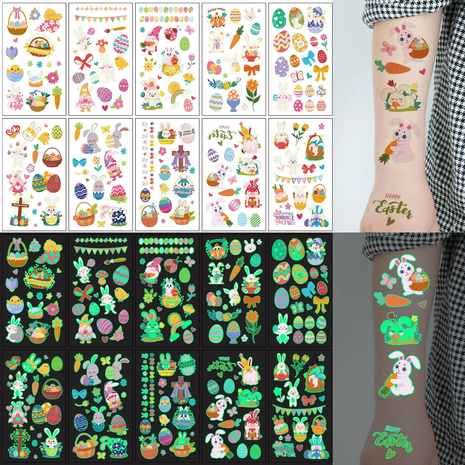 

10 шт. пасхальная серия светящиеся в темноте татуировки наклейки, светящиеся в темноте, милый мультяшный кролик пасхальные яйца элементы временная татуировка