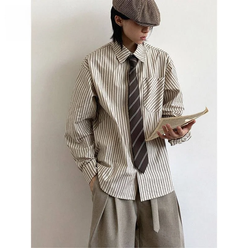 

Retro Japanese Neutral Striped irt Loose Casual Long Sve Men's Early Autumn New Sle College Sle Jaet Coat