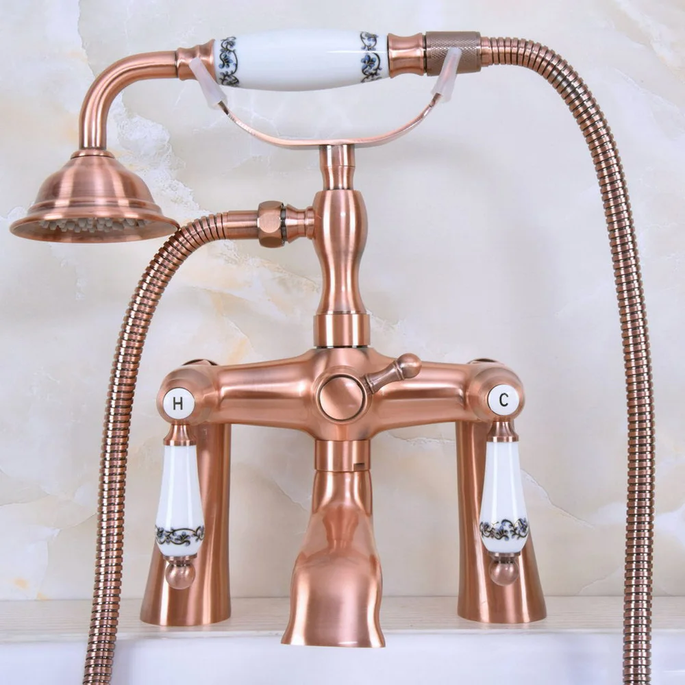 

Antique Red Copper Double Handle Deck Mounted Bathroom Bath Tub Faucet Set with 1500MM Hand Held Shower Spray Mixer Tap 2na175