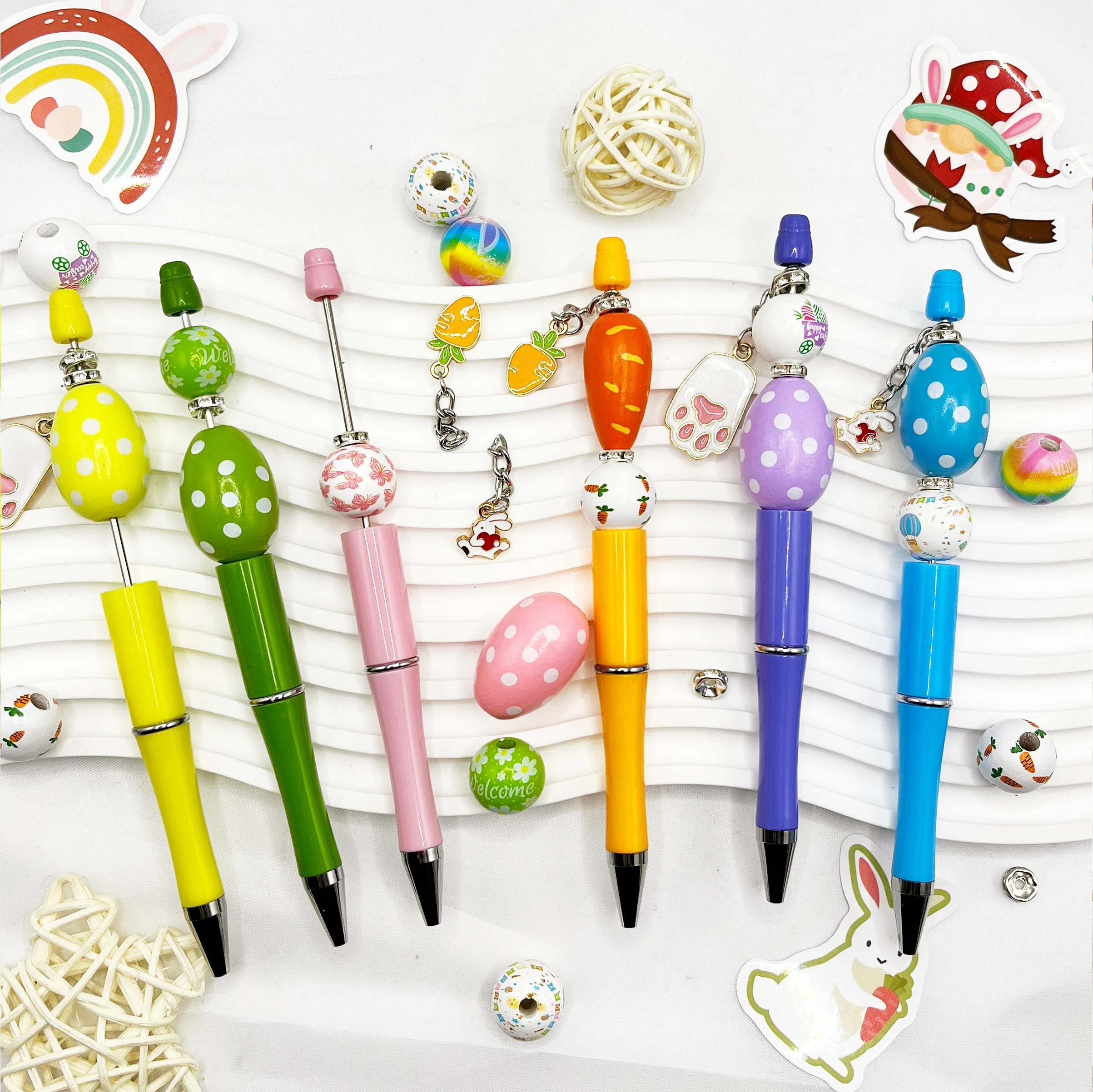 【Easter Egg】6PC Easter Egg Carrot Rabbit Theme DIY Bead Ballpoint Pen And Wooden Pendant Set, Office And Study Supply