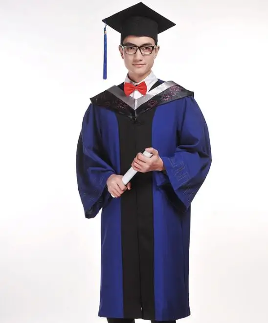 Master's Graduation Gown Blue Academic Uniform Robe School University Include Hat