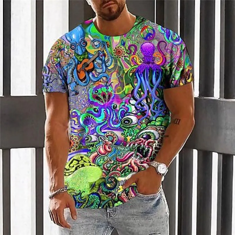 

Halloween Colorful Octopus T-Shirt Mens Vintage Casual Mushroom Monster Clothing Apparel 3D Print Outdoor Daily Short Sleeve Tee