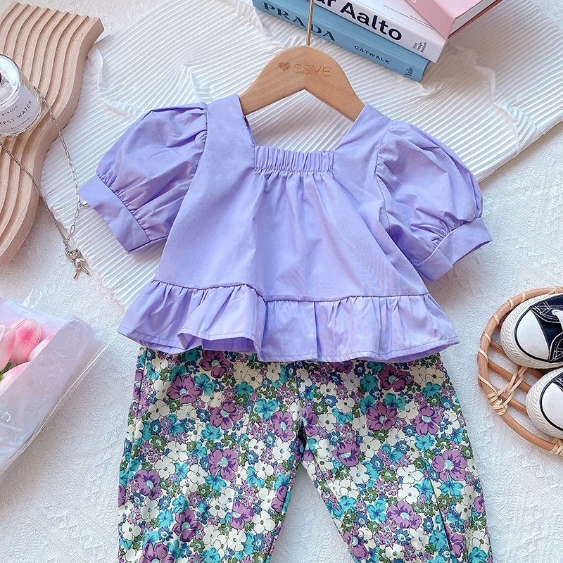 2024Summer Clothing New Girls' Short-Sleeved Top+Anti-Mosquito Pants Two-Piece Cotton Flower Trousers Children's Suit-WSNY