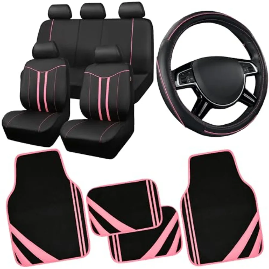 

Car Seat Covers Full Set for Women Girls with Waterproof Car Floor Mats Anti-Slip Leather Steering Wheel Cover Universal Fit fo
