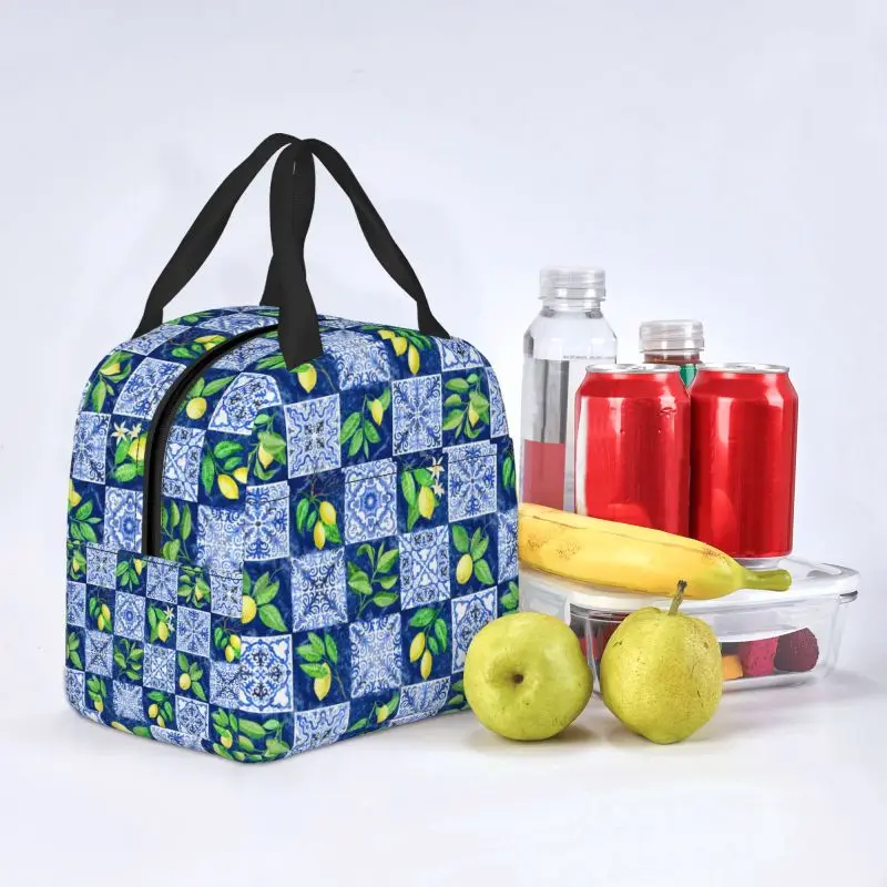 Mediterranean Tiles Summer Fruit Lemons Lunch Bag Leakproof Cooler Thermal Insulated Bento Box For Women Kids Food Tote Bags