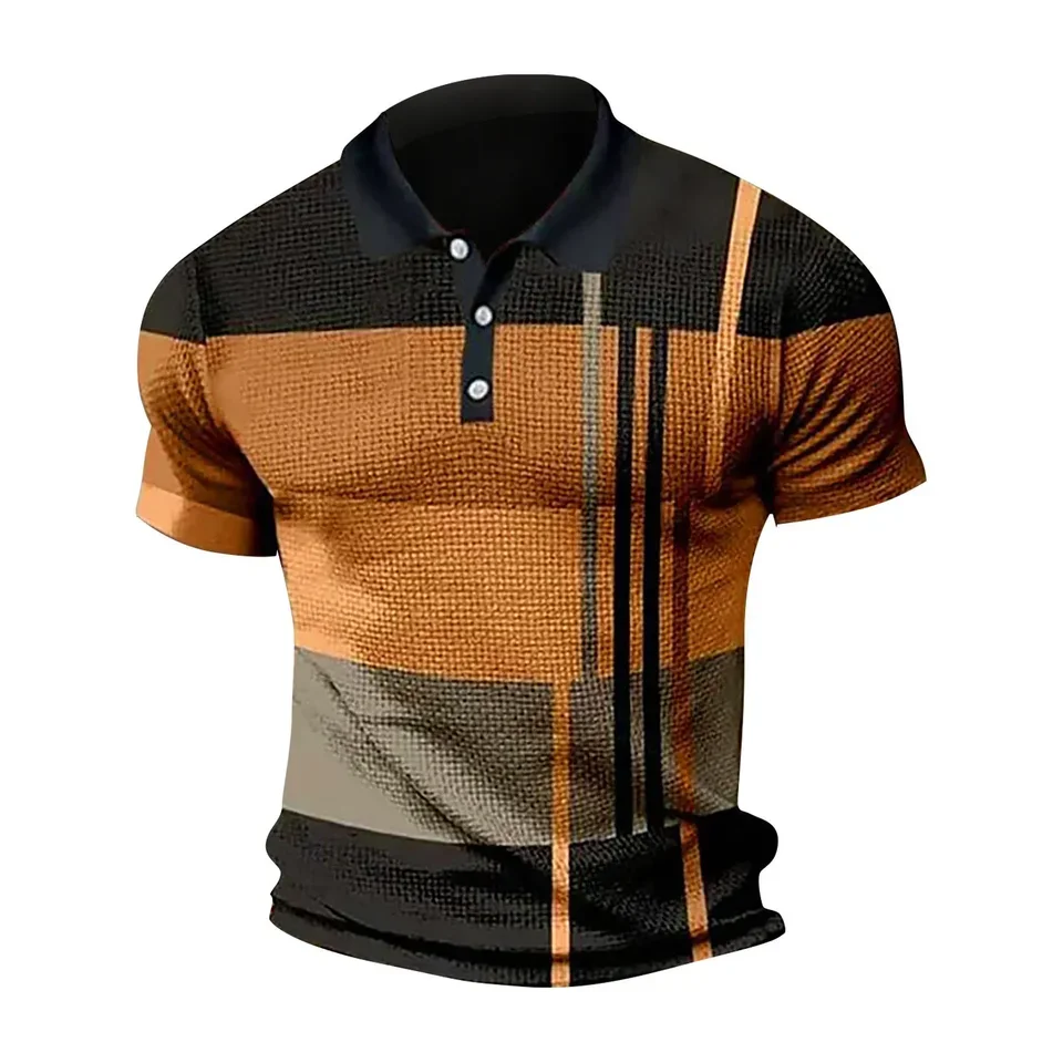 2025 Summer New Fashion Men's Turn-down Collar Short Sleeve Striped Pullover T-shirts Casual Trendy Slim T-shirts Male Clothes