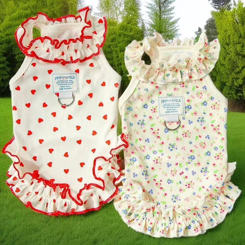 

Dog Summer Cooling Dress Thin Bow Heart Print Dog Clothes Pet Skirt Kitten Puppy Costume Chihuahua Bichon Yorkie Girls Dog Vest