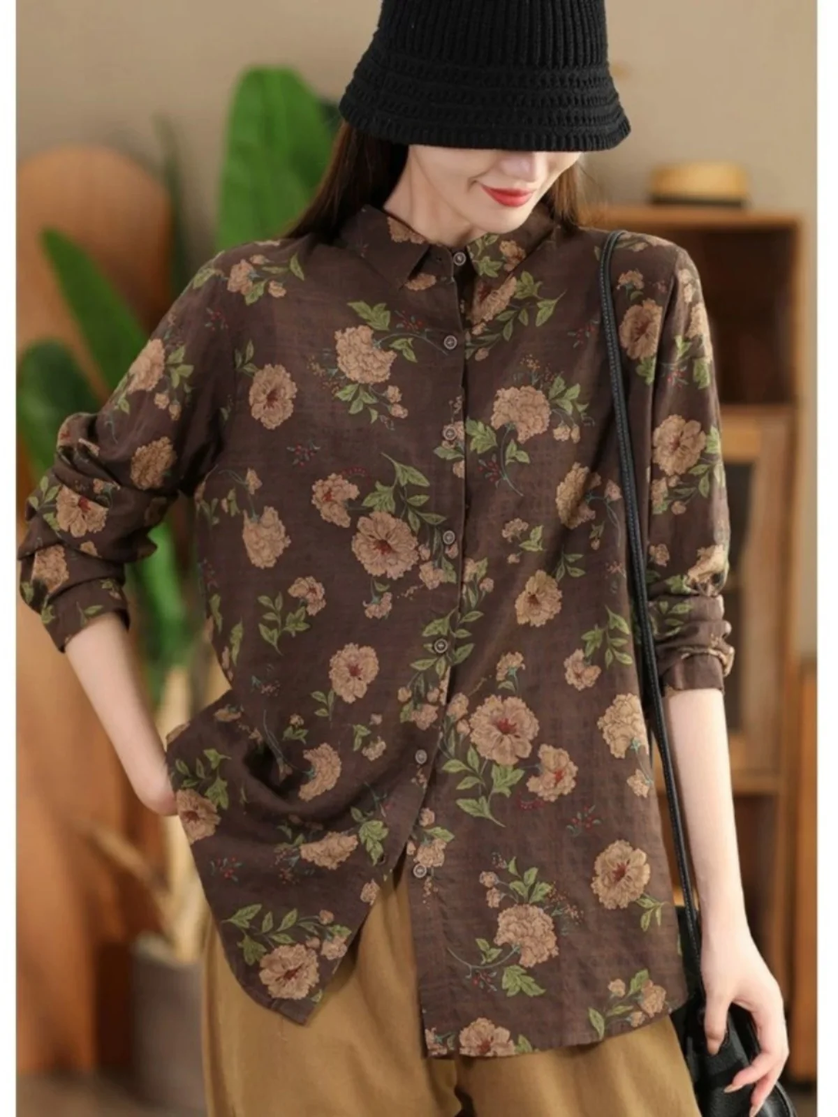 Retro Sle Long Sve katoen linnen bloemenprint losse casual kraag dames irt lente afslankende basislaag top