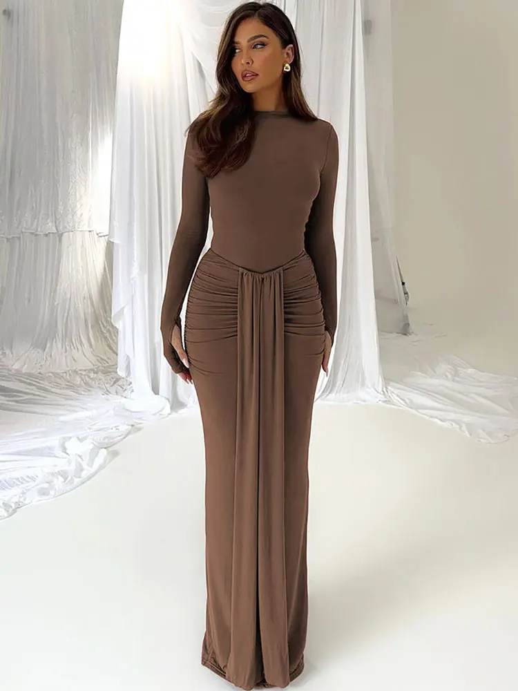 GACVGA Ruched Sexy Maxi Dress For Women 2024 Autumn Winter Fashion Full Sleeve Bodycon Club Party Female Elegant Long Dresses