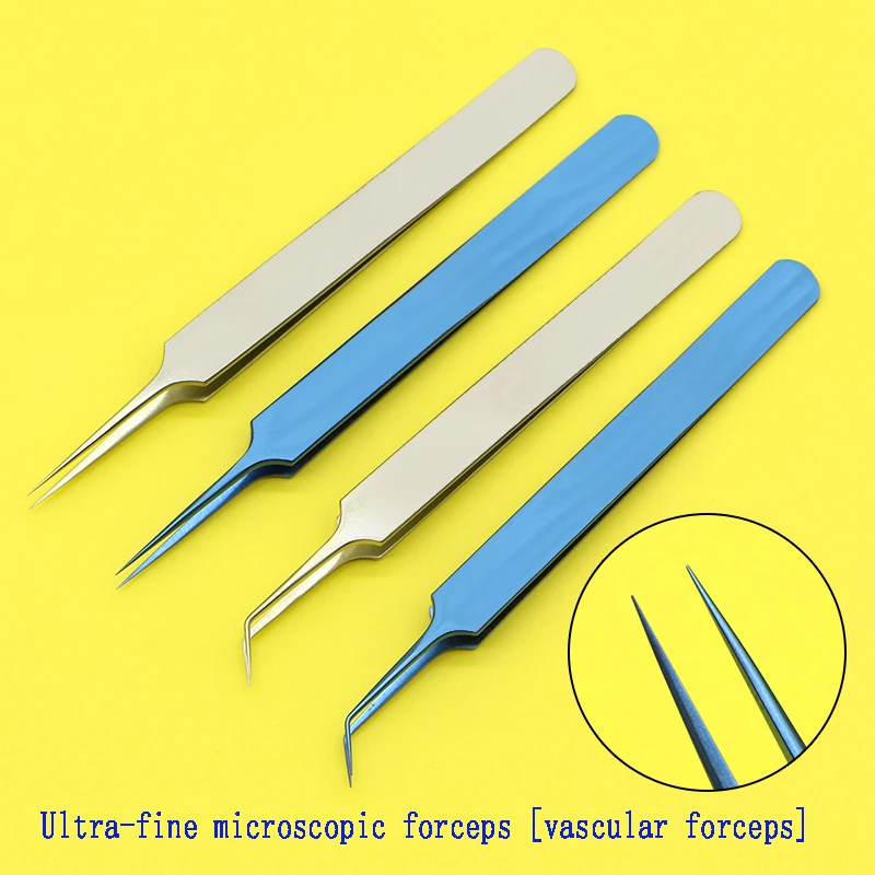 Vascular forceps for microscopic ophthalmic surgery, straight pointed, curved, and flying lines, 0.05 extremely fine, 0.1 hair t