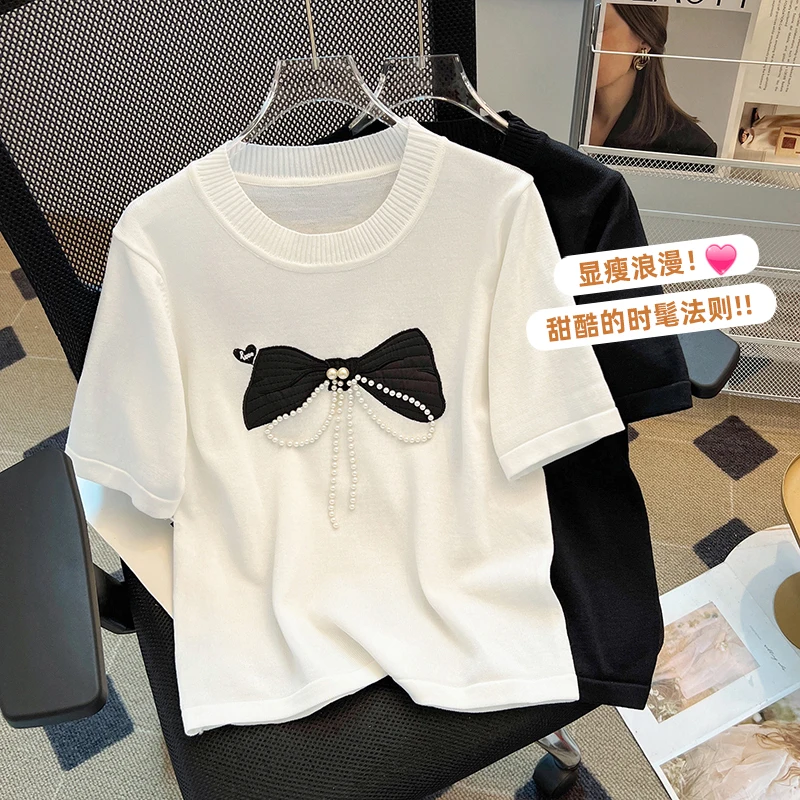 Stylish Fashion Knit Sweater T-shirts Women Bow Embroidery Pearl Beaded Short Sleeve Tees Tops 2024 Summer Elegant Chic Knitwear