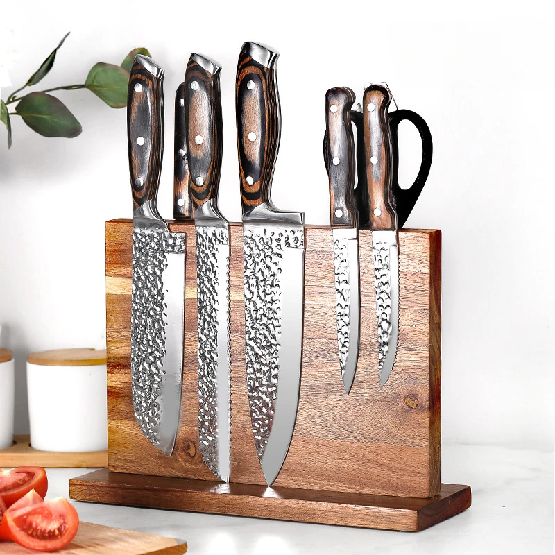 

Magnetic Knife Block Holder Rack Acacia Wooden Universal Stands with Strong Enhanced Magnets Strip