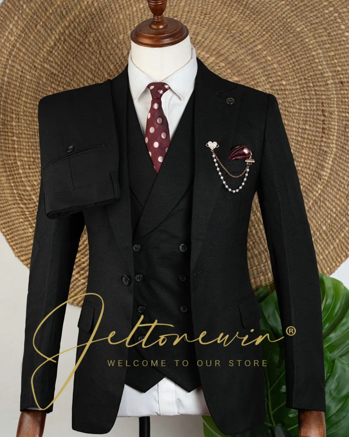 

Men's Black 3 Piece Suit with Single Breasted Jacket and Double Breasted Vest Slim Fit Formal Wear for Wedding Groomsmen Party