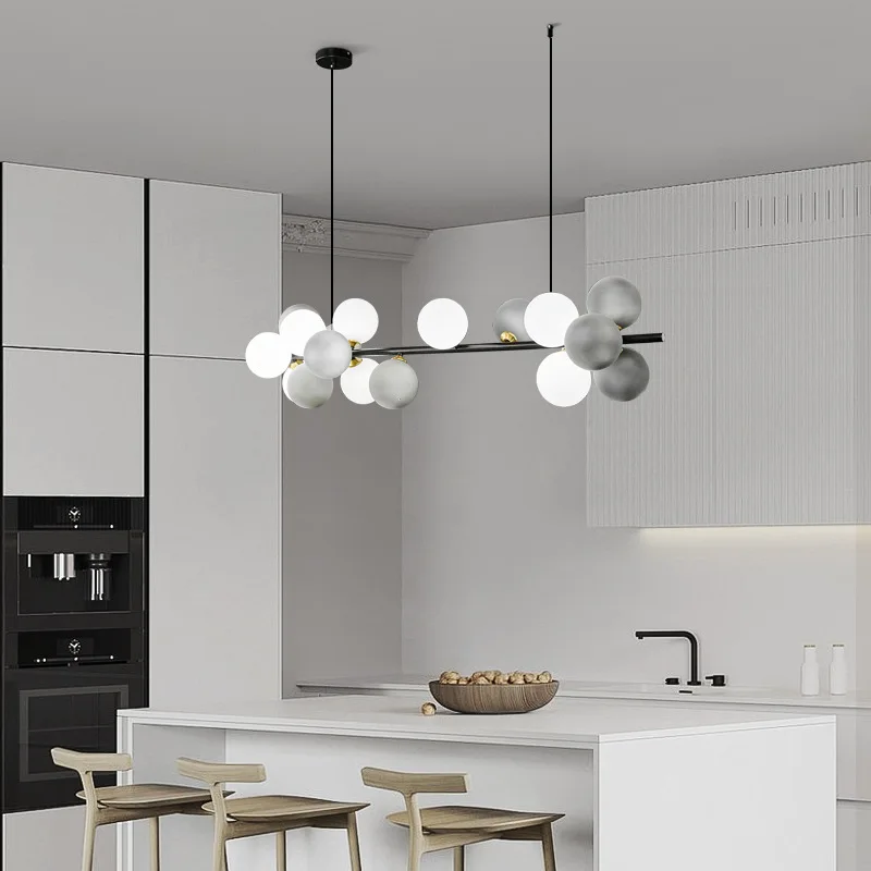 All-copper long restaurant light, post-modern designer model room, dining table, bar counter, window, personalized chandelier