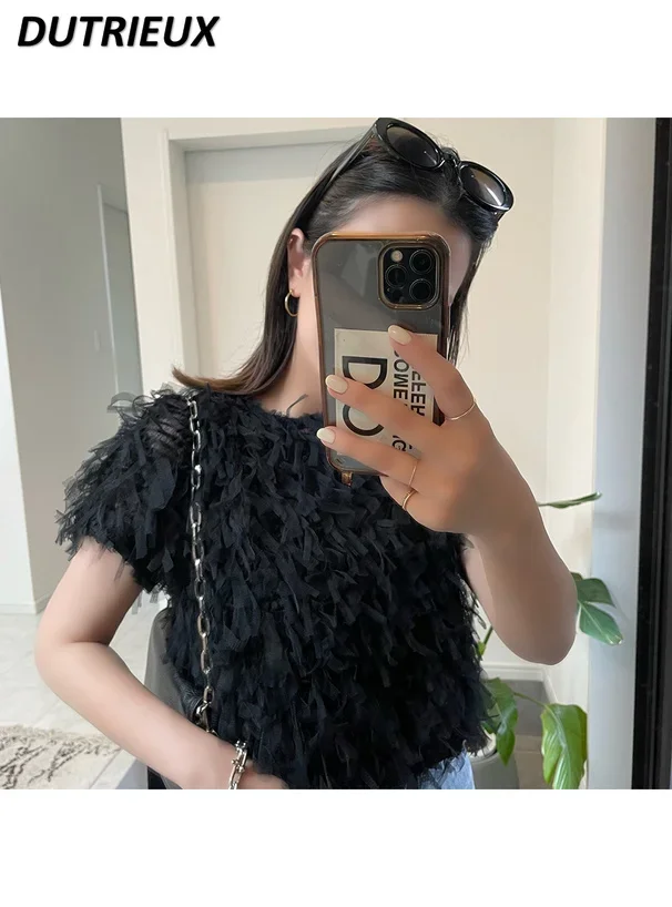 Women's Tops Spring Summer New Fashion Japanese Style Short Sleeve Top Sweet Cute Casual T-shirt Tassel Round Neck Pullover