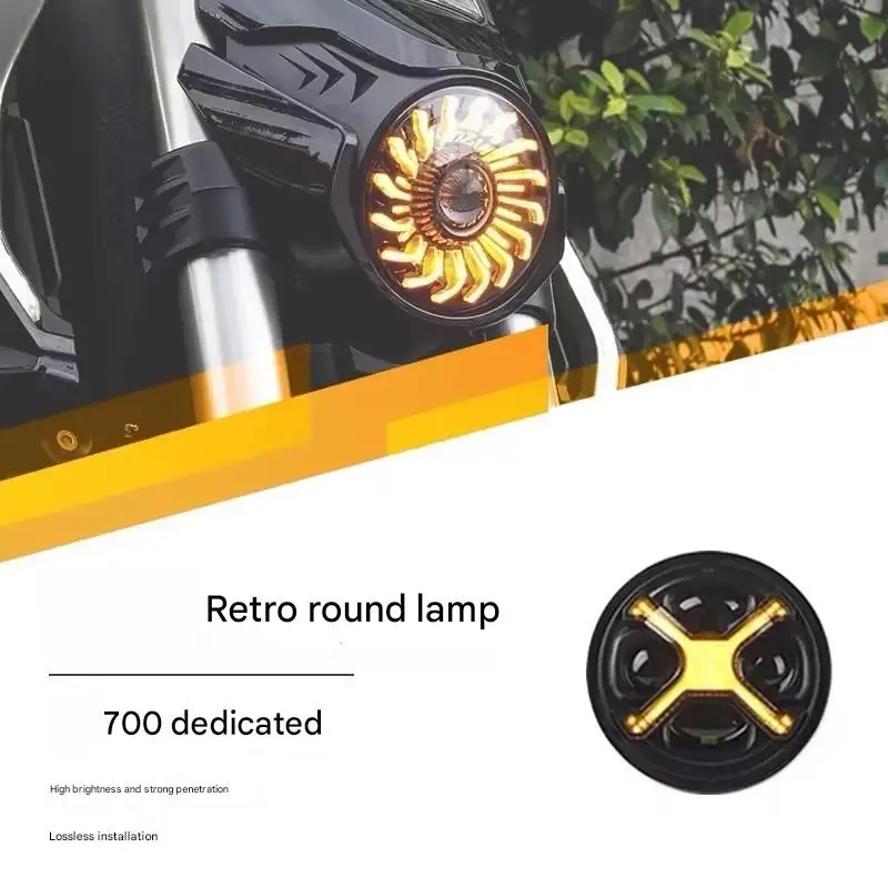 For BENDA LFC 700 motorcycle headlight modification: X-shaped round headlight, waterproof and dustproof, high brightness.