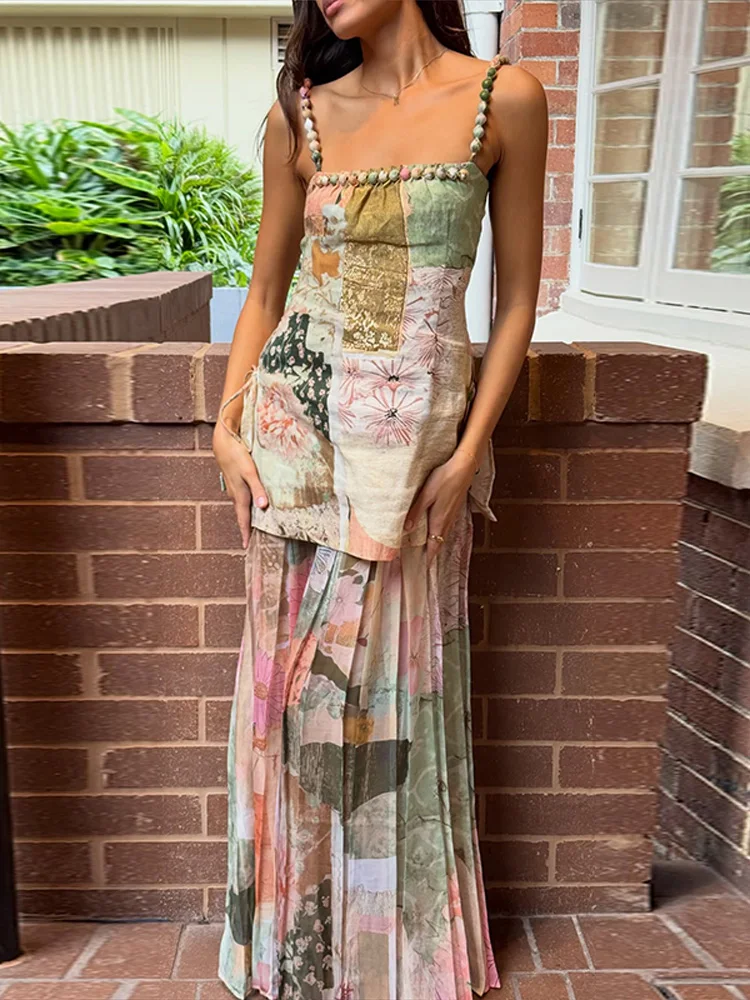 Ärmelloses Spaghettiträger-Kleid mit Print für Damen, Quadratischer Ausschnitt, High-Street, Locker geschnitten, Bodenlang, Sommermode 2026, Damenkleid