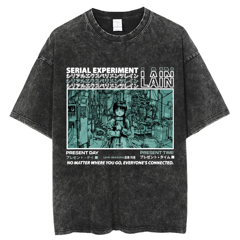 Anime Serial Experiments Lain Washed Tshirt Harajuku Streetwear Men Women T Shirt Cotton Casual Short Sleeve T-shirts Tops