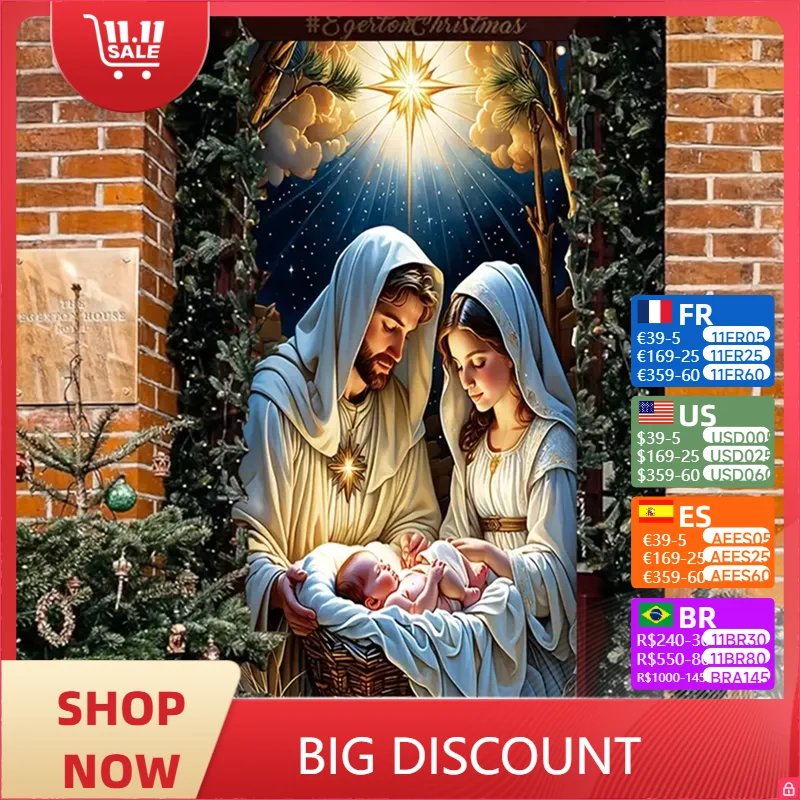 The Birth Scene of Jesus Background Christmas New Year Bright Stars Banner Holy Family Home Religious Wall Decoration Door Cover