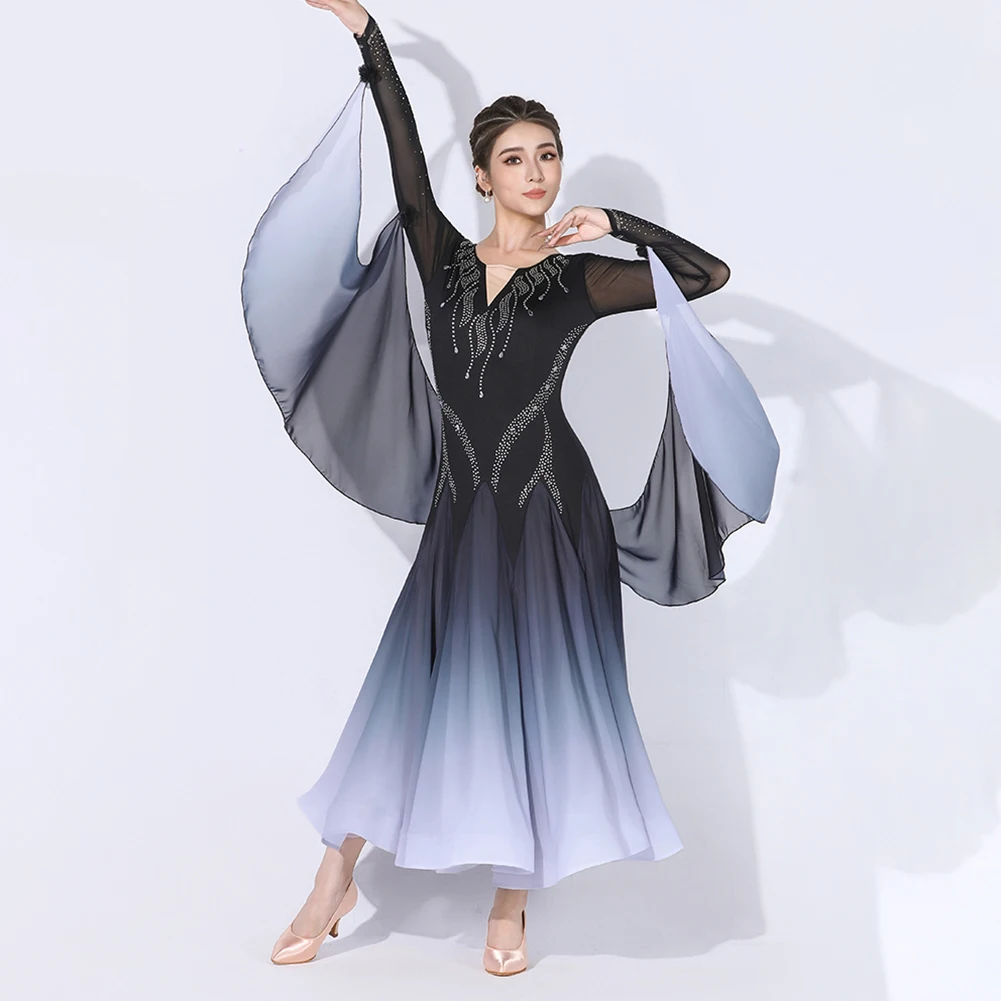 Spettacolo di costumi di scena Danza moderna da donna sfumata Nuovo abito da ballo standard Concorso a maniche lunghe Elegante nastro valzer