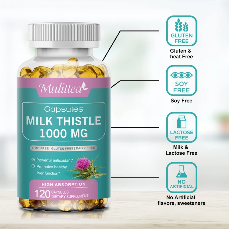 Mulittea Organic Milk Thistle Extract 1000mg Capsules Helps Repair Liver Supports Liver Detoxification & Cleanses