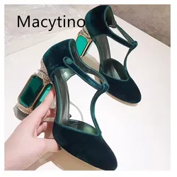 Luxury Velvet Round Toe T-Strap Women Pumps Side Fretwork Jeweled Crystal Diamond High Heel Banquet Shoes For Girls