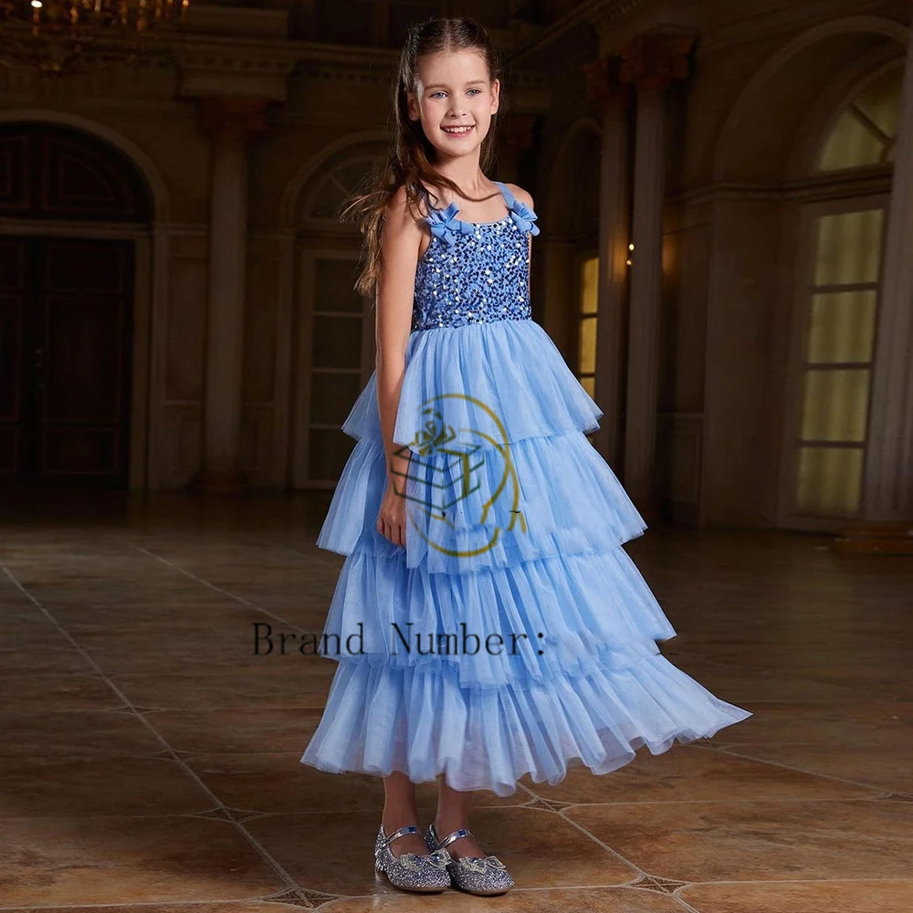 เงา Layered ดอกไม้สาวชุดสําหรับงานแต่งงาน Blue Sequins Tulle แขนกุดเด็กวันเกิด Party First Communion Ball Gowns