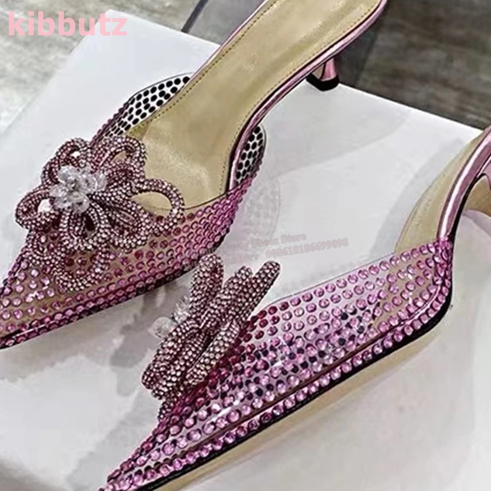 Crystal Flower Slipper Sandały Błyszczący szpiczasty nosek Kitten Heel Slip-On Solid Color Fashion Eleganckie seksowne buty ślubne dla kobiet